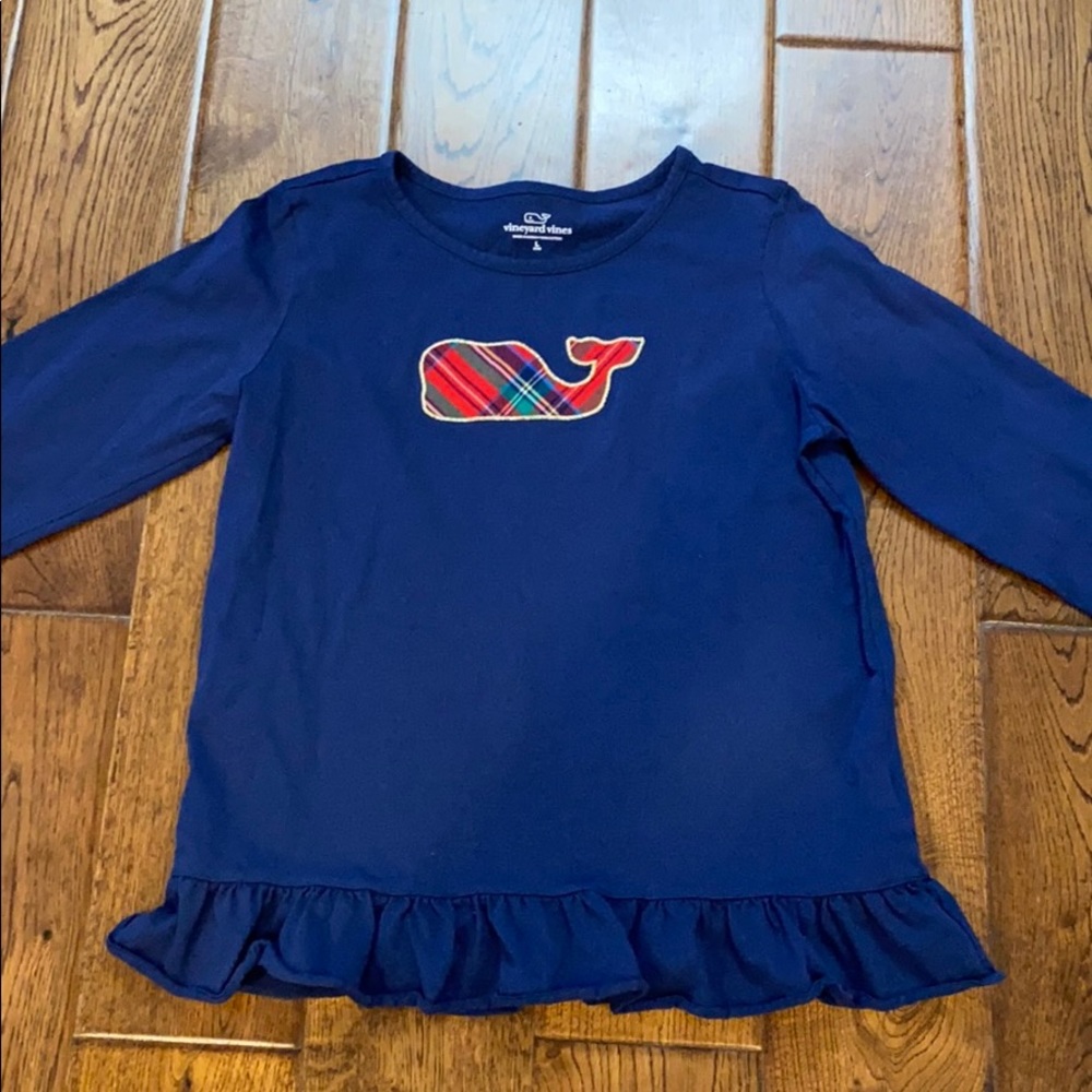 Vineyard Vines girls navy ruffle shirt plaid whale EUC Christmas holiday plaid